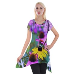 Yellow Flowers In The Purple Coneflower Garden Short Sleeve Side Drop Tunic by myrubiogarden