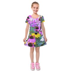 Yellow Flowers In The Purple Coneflower Garden Kids  Short Sleeve Velvet Dress