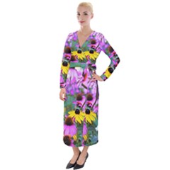 Yellow Flowers In The Purple Coneflower Garden Velvet Maxi Wrap Dress