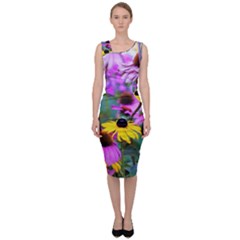 Yellow Flowers In The Purple Coneflower Garden Sleeveless Pencil Dress by myrubiogarden