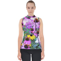 Yellow Flowers In The Purple Coneflower Garden Mock Neck Shell Top by myrubiogarden