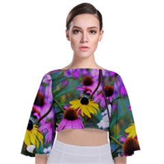 Yellow Flowers In The Purple Coneflower Garden Tie Back Butterfly Sleeve Chiffon Top by myrubiogarden