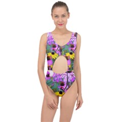 Yellow Flowers In The Purple Coneflower Garden Center Cut Out Swimsuit by myrubiogarden