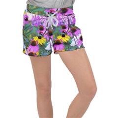 Yellow Flowers In The Purple Coneflower Garden Women s Velour Lounge Shorts by myrubiogarden