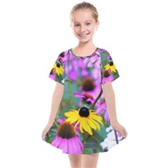 Yellow Flowers In The Purple Coneflower Garden Kids  Smock Dress by myrubiogarden