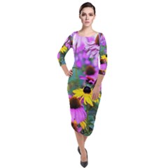 Yellow Flowers In The Purple Coneflower Garden Quarter Sleeve Midi Velour Bodycon Dress by myrubiogarden