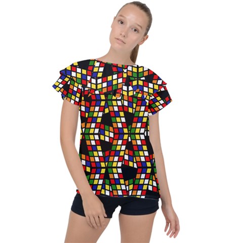 Graphic Pattern Rubiks Cube Cube Ruffle Collar Chiffon Blouse by Pakrebo