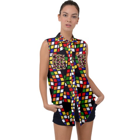 Graphic Pattern Rubiks Cube Cube Sleeveless Chiffon Button Shirt by Pakrebo