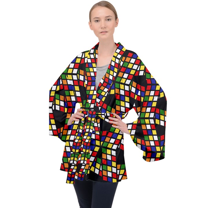 Graphic Pattern Rubiks Cube Cube Velvet Kimono Robe