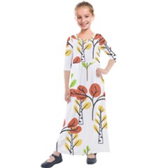 Tree Autumn Forest Landscape Kids  Quarter Sleeve Maxi Dress by Pakrebo