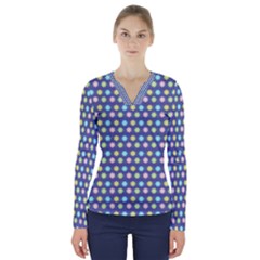 Deep Blue Hemp Pattern Flowers V-neck Long Sleeve Top by Pakrebo