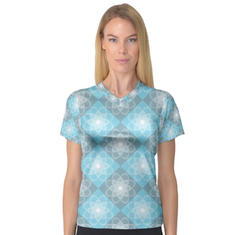 White Light Blue Gray Tile V-neck Sport Mesh Tee by Pakrebo