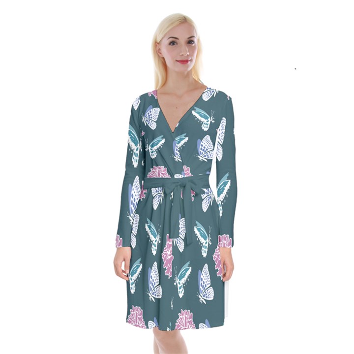 Butterfly Pattern Dead Death Rose Long Sleeve Velvet Front Wrap Dress