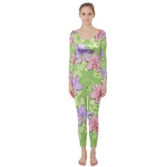 Lily Flowers Green Plant Natural Long Sleeve Catsuit by Pakrebo