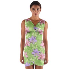 Lily Flowers Green Plant Natural Wrap Front Bodycon Dress