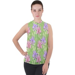 Lily Flowers Green Plant Natural Mock Neck Chiffon Sleeveless Top by Pakrebo