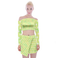 Traditional Patterns Hemp Pattern Green Off Shoulder Top With Mini Skirt Set by Pakrebo