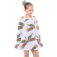 Pattern Dragonfly Background Kids  Long Sleeve Dress by Pakrebo