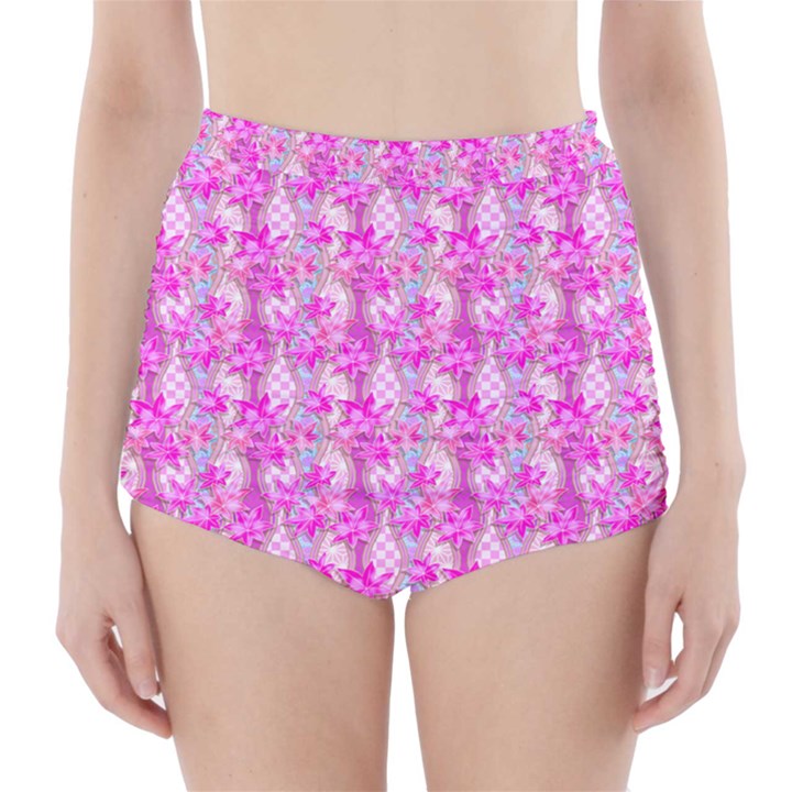 Maple Leaf Plant Seamless Pattern Pink High-Waisted Bikini Bottoms