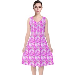 Maple Leaf Plant Seamless Pattern Pink V-neck Midi Sleeveless Dress  by Pakrebo