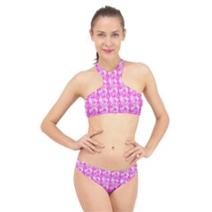 Maple Leaf Plant Seamless Pattern Pink High Neck Bikini Set by Pakrebo