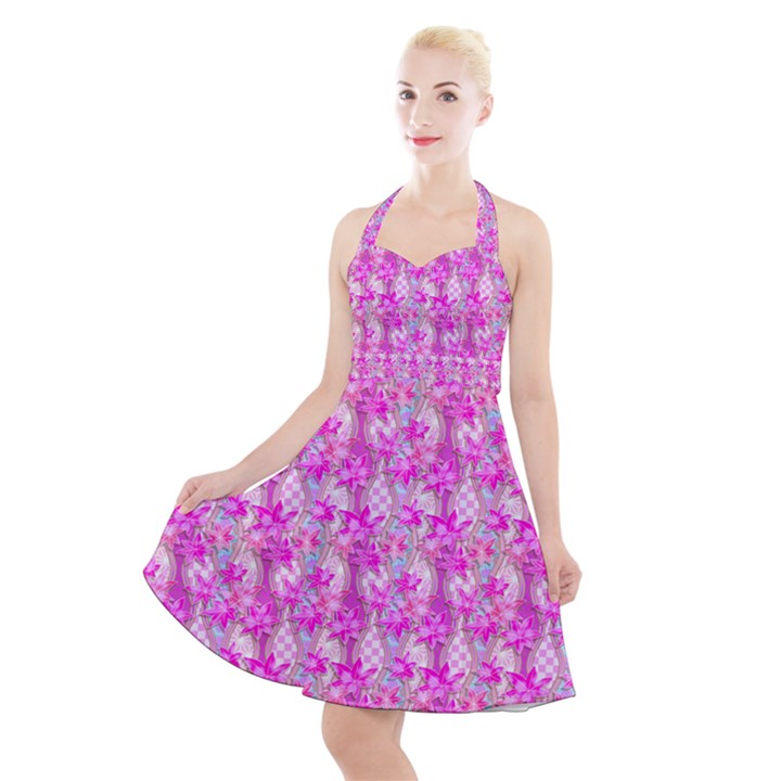 Maple Leaf Plant Seamless Pattern Pink Halter Party Swing Dress 