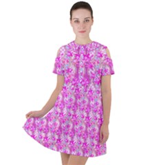 Maple Leaf Plant Seamless Pattern Pink Short Sleeve Shoulder Cut Out Dress  by Pakrebo