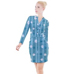 Gardenia Flowers White Blue Button Long Sleeve Dress by Pakrebo