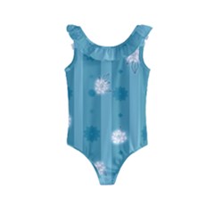 Gardenia Flowers White Blue Kids  Frill Swimsuit by Pakrebo