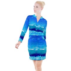 Blue Sky Artwork Drawing Painting Button Long Sleeve Dress