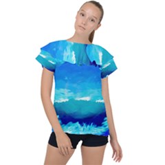 Blue Sky Artwork Drawing Painting Ruffle Collar Chiffon Blouse