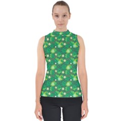 4 Leaf Clover Star Glitter Seamless Mock Neck Shell Top by Pakrebo