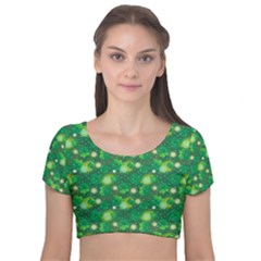 4 Leaf Clover Star Glitter Seamless Velvet Short Sleeve Crop Top 