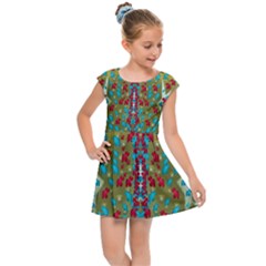 Raining Paradise Flowers In The Moon Light Night Kids  Cap Sleeve Dress by pepitasart