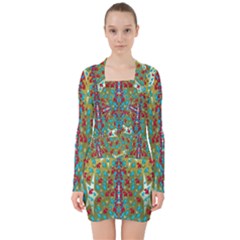 Raining Paradise Flowers In The Moon Light Night V-neck Bodycon Long Sleeve Dress by pepitasart