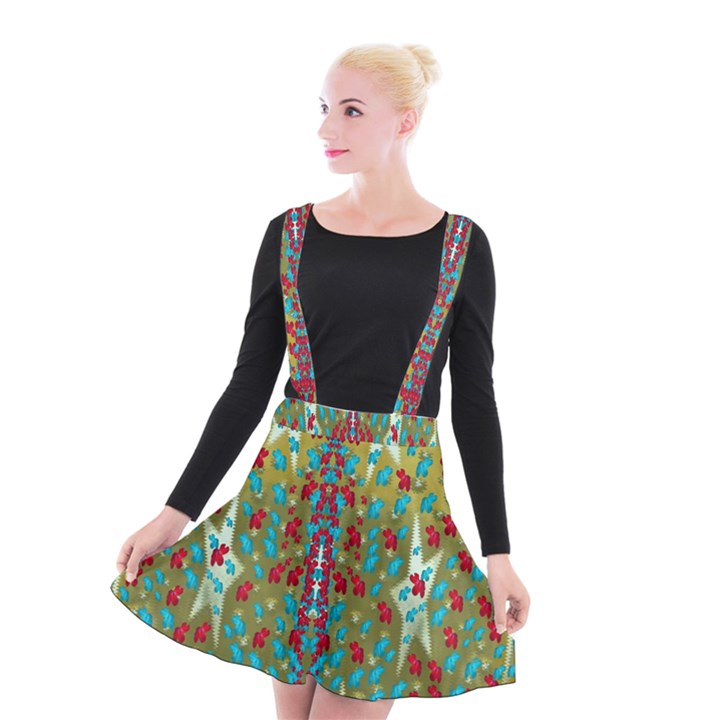 Raining Paradise Flowers In The Moon Light Night Suspender Skater Skirt