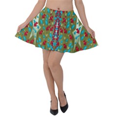 Raining Paradise Flowers In The Moon Light Night Velvet Skater Skirt by pepitasart