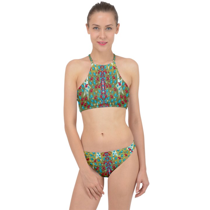 Raining Paradise Flowers In The Moon Light Night Racer Front Bikini Set