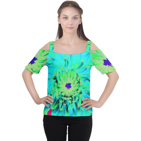 Aqua Cactus Dahlia Cutout Shoulder Tee by myrubiogarden