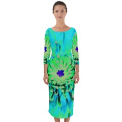 Aqua Cactus Dahlia Quarter Sleeve Midi Bodycon Dress by myrubiogarden