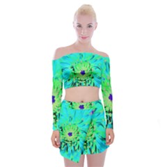 Aqua Cactus Dahlia Off Shoulder Top With Mini Skirt Set by myrubiogarden