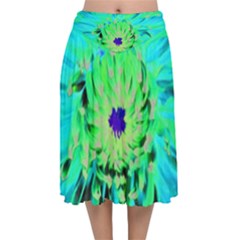 Aqua Cactus Dahlia Velvet Flared Midi Skirt