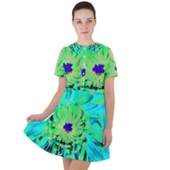 Aqua Cactus Dahlia Short Sleeve Shoulder Cut Out Dress  by myrubiogarden