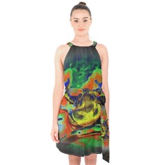 Abstract Transparent Background Halter Collar Waist Tie Chiffon Dress by Pakrebo