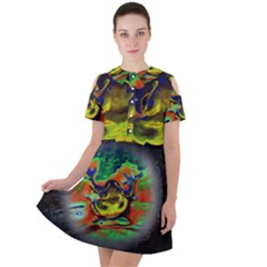 Abstract Transparent Background Short Sleeve Shoulder Cut Out Dress 