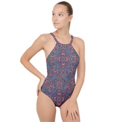 Tile Repeating Colors Textur High Neck One Piece Swimsuit by Pakrebo