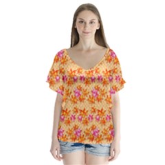 Maple Leaf Autumnal Leaves Autumn V-neck Flutter Sleeve Top by Pakrebo