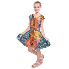 Pattern Rose Yellow Background Kids  Short Sleeve Dress by Pakrebo