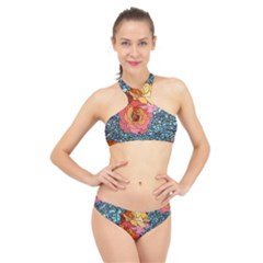 Pattern Rose Yellow Background High Neck Bikini Set by Pakrebo