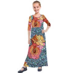 Pattern Rose Yellow Background Kids  Quarter Sleeve Maxi Dress by Pakrebo